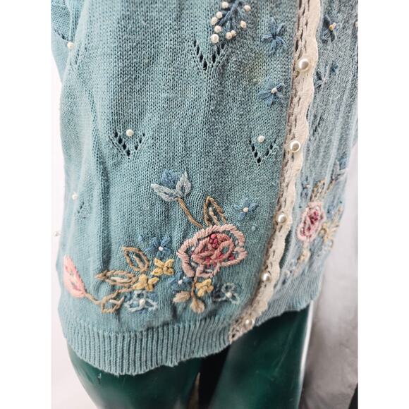 Vintage Koret Pastel Blue Cotton Crochet Floral Granny Sweater Vest S 3810 - Picture 5 of 10